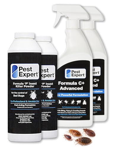 Pest Expert Formula C+ Bed Bug Killer Spray 2 x 1ltr & Bed Bug Killer Powder 2 x 300g - Fast-Acting & Long-Lasting Treatment for Insects, Eggs & Larvae – Max Strength Control Approved for Amateur Use