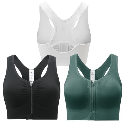 Zip Front Sports Bra for Women - Medium Support Racerback Workout Bra with Removable Pads & Double Hooks