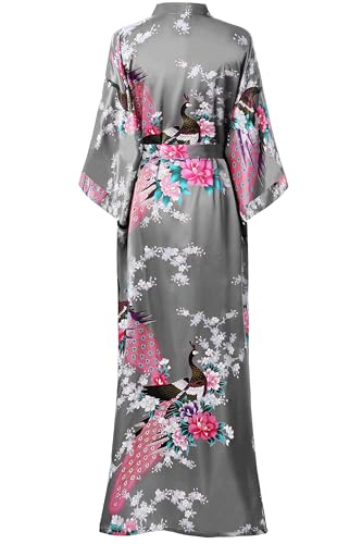Image of BABEYOND Women's Kimono Robe Long Satin Robes with Peacock and Blossoms Printed Kimono Nightgown