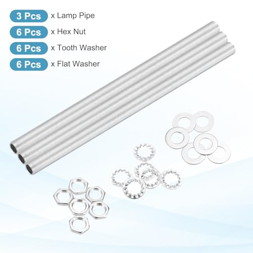 Image of MECCANIXITY 21Pcs 9.8 inch Lamp Pipe Nipples Kit with Hex Nuts Washers, M10 Fine Threaded Hollow Tube Repair Hardware Fasteners Assortment for Assembly Chandelier Ceiling Lamp DIY, Silver