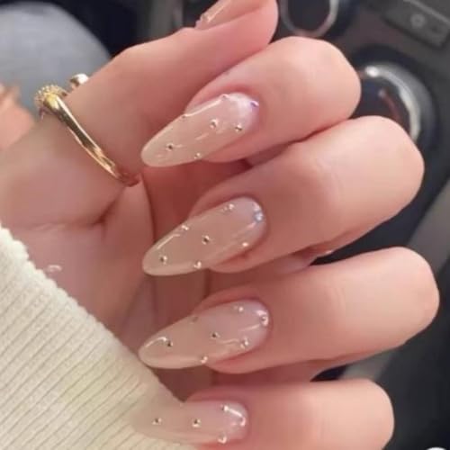 Image of NBNTGH Nude Rhinestone Rhinestone Press On Nails Medium Almond False Nails 24Pcs Glue On Nails Artificial Acrylic Full Cover Glossy Stick On Nails