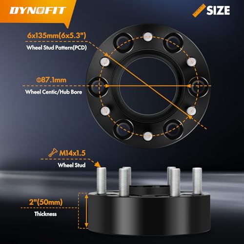 Image of dynofit 2 Inch 6x135 Hub-Centric Wheel Spacers (4 Pcs) for 2015-2026 Ford F150, Expedition, Lincoln Navigator - M14x1.5 Studs, 87.1mm Center Bore