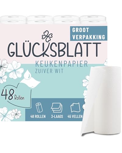 Glücksblatt Küchentücher, 48 Rollen á 45 Blatt, 3-lagige Küchenrollen, 100% Zellstoff, nachhaltig, saugstarke Haushaltsrollen, Allzwecktücher, Papiertücher, Papierhandtücher, Küchenpapier