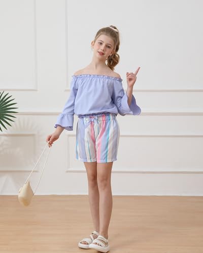 Image of Weebaby Girls Clothes 2 Piece Outfits Cute Kid Clothes Crop Top Paperbag Waist Shorts Set Summer Clothes for Tween Girls