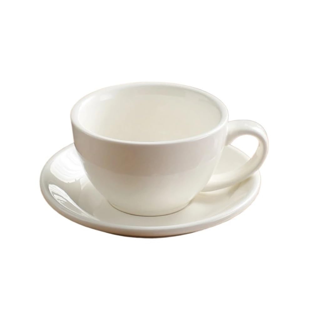 Tazas de Cafe,Coffee Mug Juego de taza y platillo café cerámica 300 ml, tazas con leche, for el desayuno, té la tarde, agua porcelana(White)
