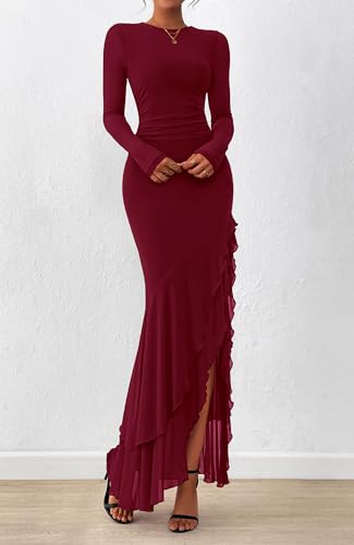 BTFBM Women's Maxi Dresses Fall 2025 Long Sleeve Ruched Bodycon Solid Ruffle Mermaid Cocktail Wedding Guest Dress