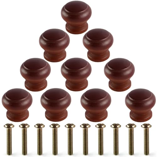 Aicosineg 木製 取っ手 つまみ 10個セット 27mm 引き出しハンドル ノブ 木製キャビネットハンドル 丸型 木製つまみ ウッド 引き出し 家具 食器棚 DIY用 タンス 引きノブ ドアノブ ネジ付き マホガニー