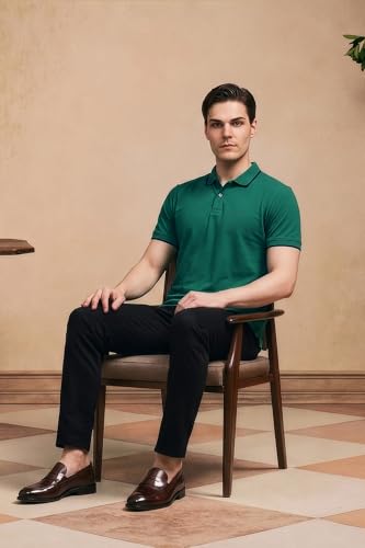 Image of Peter England Men's Snug Fit Solid Polo T-Shirt with Coloured Collar Tipping| Cotton Rich| Premium Pique Weave