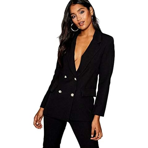 METLUQ M0D4 Ladies Women Collared Gold Button Double Breasted Duster Coat Jacket Blazer Plus Size (Black, UK 20-22 XXL) Cover