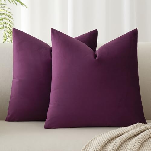 Image of JUSPURBET Velvet Throw Pillow Covers 14x14 Set of 2,Eggplant Purple | Modern Soft Decorative Cushion Covers with Hidden Zipper for Couch Sofa Bed Living Room Bedroom Home Decor