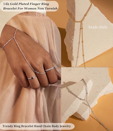 Hand Chain Gold Silver Bracelets for Women 14K Gold plated Hand Chain Bracelet Non Tarnish Satellite Bead Dot CZ Pearl Link Ring Bracelet Trendy Hand Jewelry Gifts for Women Adjustable3