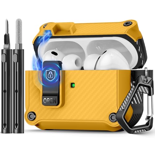 Image of Pohgelan Compatible with AirPods Pro 3 Case Carbon Fiber Texture(Yellow) | Magnetic Automatic Lock with Cleaning Kit,Compatible with Magsafe