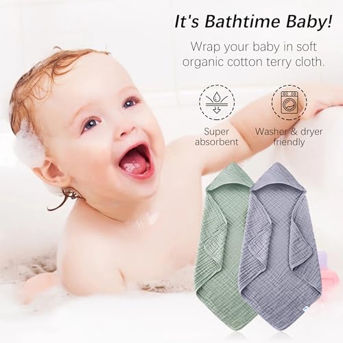 Image of SWEET DOLPHIN Muslin Hooded Baby Bath Towels - 2 Pack 100% Cotton Towel for Babies, Infants, Toddlers - 32x32Inch - Highly Absorbent and Newborn Essential, Green and Grey