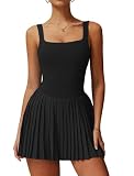 Picture of Womens Tennis Dress Sleeveless Backless Yoga Athletic Dresses for Women Square Neck Pleated Golf Dress with Built-in Bras & Shorts Sports Active Exercise Workout Dress 2 with Pockets Black L