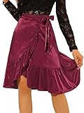 Allegra K Women's Ruffle Satin Wrap Tie Waist Asymmetrical Midi Skirt Medium Burgundy