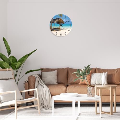 Image of XFM Tropical Beach Wall Clock Battery Operated 12 Inch | Silent Non-Ticking Battery Operated Blue Coastal Modern Decorative for Living Room Kitchen Bedroom Office