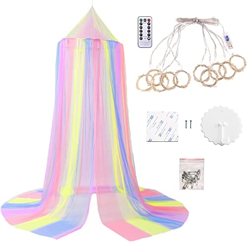 Eimilaly Princess Bed Canopy With 250Pcs Warm White Curtain Lights, Rainbow Bed Canopy For Girls Room Decor Or Unicorn Theme Party, 30D Encrypted Fabric #TOP2