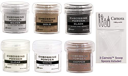 Ranger Fine Super Embossing Powder White Silver Black Copper Clear and Gold Bundle of 6 1/2 Ounce Jars Plus 3 Carnoras Scoop Spoons