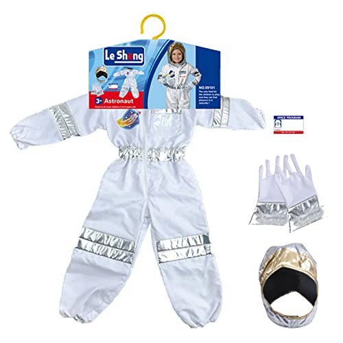Lecerrot 2 Pcs Disfraz Espacial para niños - Traje de Astronauta para niños espaciales - Traje de Vuelo de piloto de Traje de Astronauta Plateado con Guantes y tocados para Fiestas de Disfraces Cover