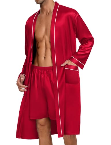 SWOMOG Mens Satin Robe with Shorts Set 2 PCS Kimono Bathrobe Long Sleeve Sleepwear Pjs Sets with Pockets2