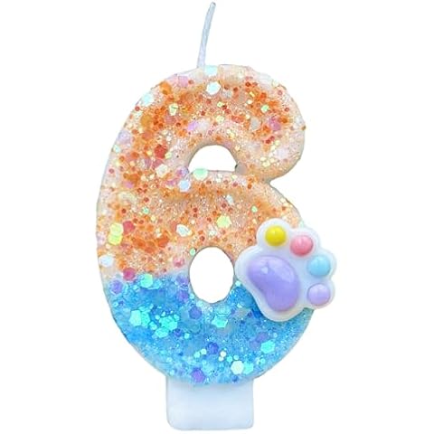 CasaPopz Dog Paw Birthday Number Candles for Cake Decoration, Orange Blue Dog Cat Paw Number 6 Candle, Dog Themed Birthday Cake Topper for Party Decorations Favors Supplies Cover
