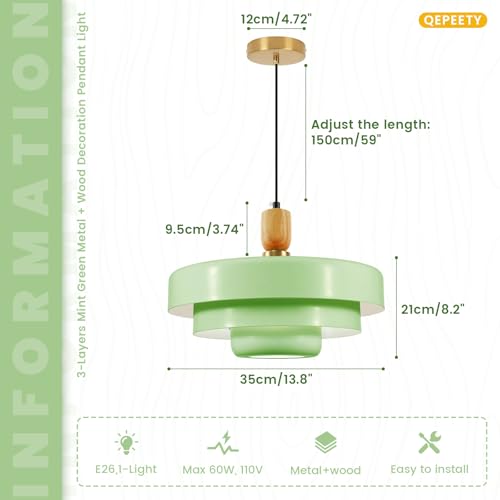 Image of Mint Green 3-Tier Pendant Light, Mid-Century Modern Wood Accent Hanging Lamp with 59 inch Adjustable Cord, E26 Base for Kitchen Island, Dining Room & Boho Bedroom
