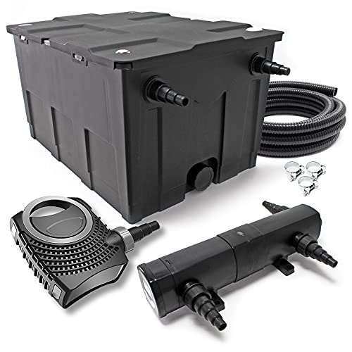 Wiltec Komplettset: CBF-550 Teichfilter bis 60000L Teichfilteranlage Durchlauffilter, NEO6000 Teichpumpe 6000l/h 40W, CUV-236 Teichklärer 36W, 5m Teichschlauch 38 mm (1 1/2'), Schlauchschellen 44-47mm