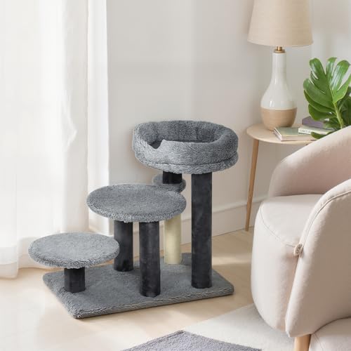 PawHut Katzentreppe 3-stufige Haustiertreppe mit Bett Ball Hundetreppe Tiertreppe für Katzen bis 5 kg Plüsch Grau 60 x 40 x 56 cm