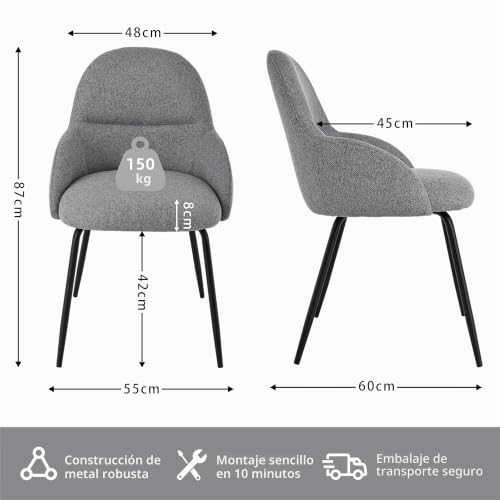 Miniatura 3 de Goeurvant Comedor Juego De 6 Sillas De Diseño, Revestimiento De Lino Gris Claro, Cómodo Asiento Con Apoyabrazos Y Patas Metálicas Sólidas, Adecuado Para La Cocina Y El Salón