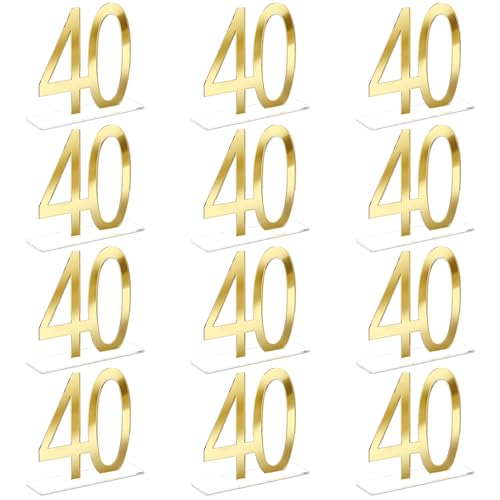 Image of Threehoney 12 Pcs Mirror Gold 40th Birthday Decorations for Men and Women Acrylic Anniversary Decorations Table Numbers Centerpieces for Birthday Party