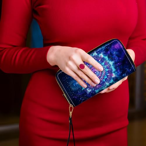 Women's Card Holder Wristlet Wallet, Convenient Travel Long Wallet with Strap and Pink Compact Mirror, Fashion and Sturdy Wristlet Long Purse for Women, Purple Mandala2