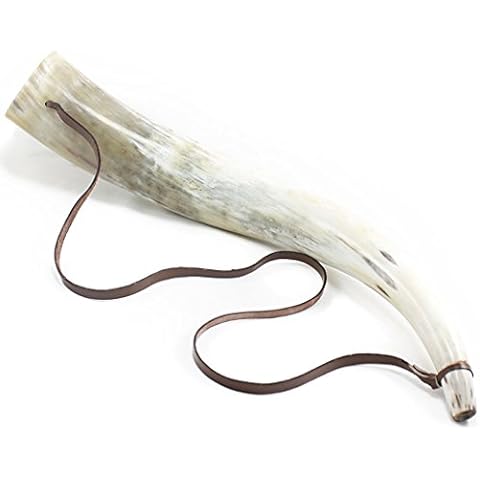 Ox Horn Bugle with Leather Strap | Viking War Blowing Horn | Battle Sounding Horn Trumpet | 22 inches | XLarge Light Polished Blowing Horn Bugle | Trumpet style Hunting Horn | Perfect for Re-Enactment Cover