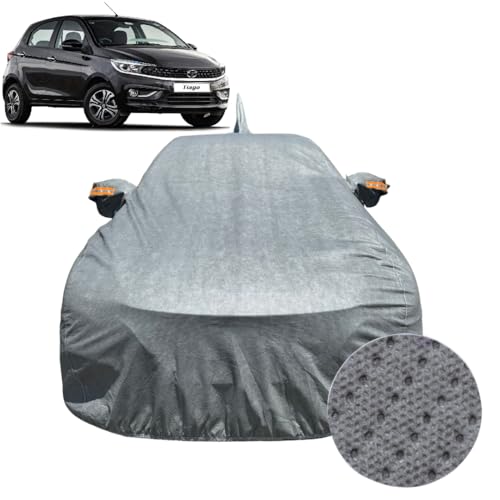 Image of Car Cover for Tata Tiago /Tiago EV (2016-2026) | 100% Waterproof Cover with Antenna & Reflective Mirror Pockets | Dustproof, Scratchproof, Heatproof Tiago Car Cover |Soft Cotton Lining| Grey