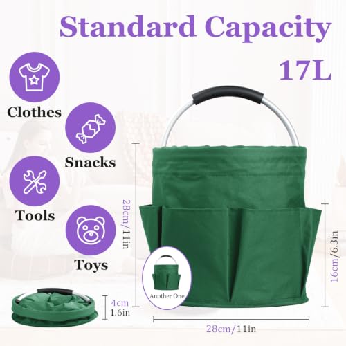 Image of 2-Pack Cleaning Supply Caddy with 6 Side Pockets, 17L Foldable Bucket Organizer Storage Tote with Handle, 600D Oxford Tool Bag for House, Dorm, Garden, Bathroom, Green