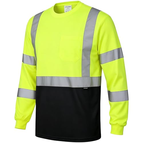 TICONN High Visibility Shirts for Men Women Class 3 Safety Hi Vis T Shirts with Pocket Long Sleeve (Yellow&Black L 1PK)