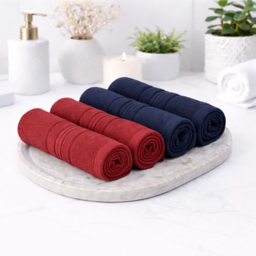 Image of Cotton Face Towel Pack of 4, 100% Cotton Towels, Soft Absorbent Small Gym Towel for Face, 400 GSM Quick Dry Bathroom & Travel Towels Men & Women, 30 x 30 cm, Maroon & Navy
