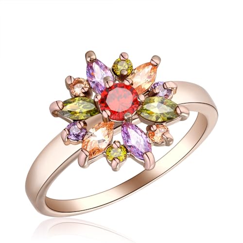 Women's Rose Gold Plated Marquise Round Cut Created Amethyst Peridot Morganite Colorful Flower Rings Wedding Engagement Promise Band CZ Cubic Zirconia Filled Halo for Mom Lover 9#3