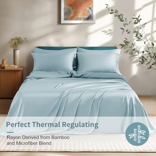 Image of Shilucheng 6 Piece King Sheet Sets, Cooling Sheets, Blend Rayon Derived from Bamboo, Deep Pocket Up to 16 inch, Breathable & Soft Bed Sheets, Hotel Silky Bedding Set, Spa Blue