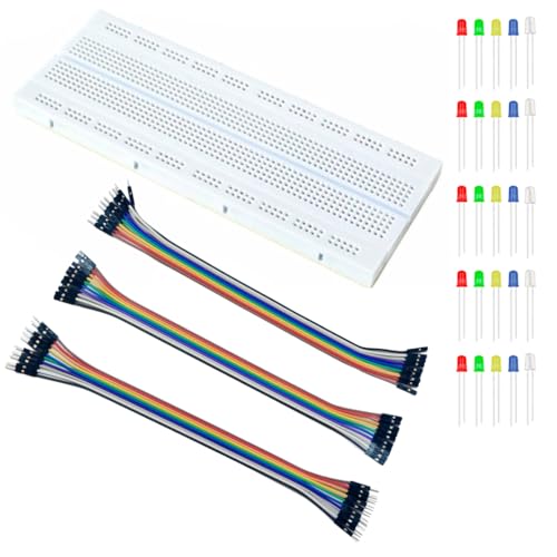 Image of Breadboard 840 points with Jumper wires (10 M to M, 10 M to F, 10 F to F) and 5mm LEDs (Red, Green, Yellow, White, Blue)