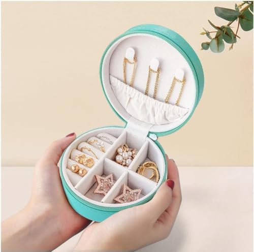 Image of Mini Jewellery Travel Case, PU Leather Organizer Box, Small Portable Jewellery Storage Holder for Womens Rings Earrings Necklaces - PU JEWELRY BOX (round pu box green)