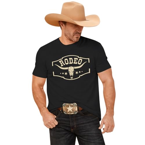 VikkBiss Mens Western Cowboy Rodeo Shirts Vintage Cow Skull Graphic Tees Boho Country Concert Music T-Shirts Tops(Black XL)