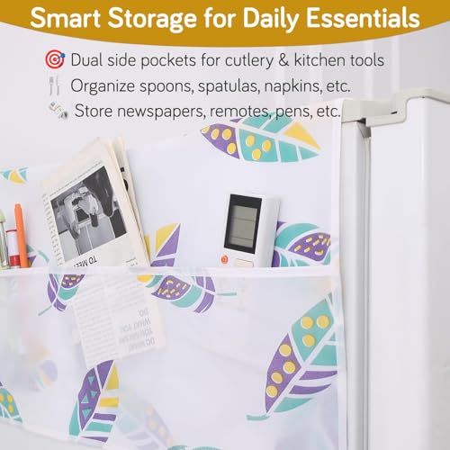 Image of HOKIPO Small Fridge Cover Top | For Smaller Single Door and Smaller Double Door Refrigerator - Waterproof, Printed with 6 Side Pockets, Size Small 130x55 cm, Boho Feathers (NEW-AR-5875-D5)