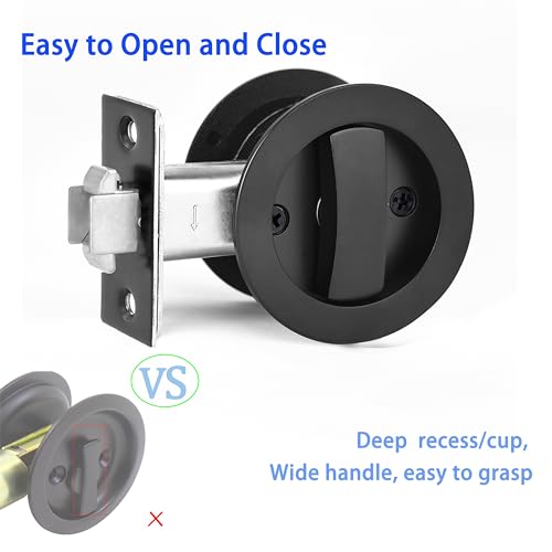 Juego de herrajes para puertas pocket Dontay con cerradura cuadrada con llave, acabado negro mate, para puertas de 1-3/8 a 2-1/4 pulgadas, cuerpo offset, tirador grande en anillo, aleación de zinc, diseño empotrado miniatura 3