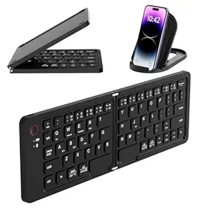 BLAPOXE Mini Foldable Bluetooth Keyboard | Wireless Keyboard with Holder Travel Portable Rechargeable Keyboard for Android, Windows, iOS, Support 3 Devices