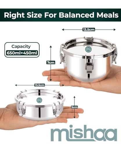 Image of Mishaa Steel Leakproof Tiffin /Lunch Box, Airtight & Spill-Proof Container for Curry & Liquid Items, Steel Lunch Box for School, College & Office, Suitable for Men, Women & Kids (450ML + 650ML)