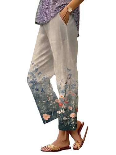 Womens Straight Leg Capri Pants Oil Painting Flower Printed Trousers with Pockets Summer Boho Floral Lounge Pants