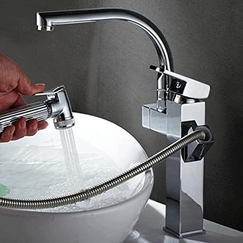 Kitchen Sink Faucet for Bar Farmhouse Commercial, Kitchen Faucet Brass Pull Out Kitchen Tap, Single Handle Swivel Water Mixer Tap, Deck Mounted Mixer Tap (Color : Silver, Size : Long)