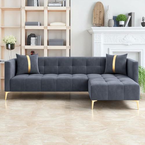 Image of Furny Styling 4 Seater Fabric RHS L Shape Sofa Set (Dark Grey) | Soft Velvet Fabric | Modern Design | Comfortable Seating | Living Room Furniture