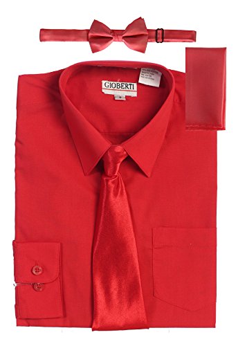 Image of Gioberti Boy's Long Sleeve Dress Shirt + Solid Tie, Bow Tie, and Hanky