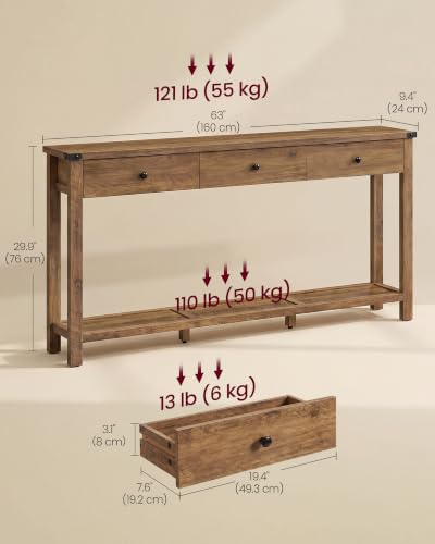 63 Inche Narrow Console Table with 3 Drawers and Open Storage Shelf